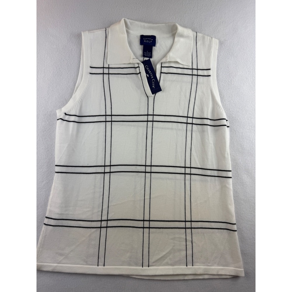 Charter Club Golf Womens Sleeveless Polo Shirt Top White Black‎ Plaid L
